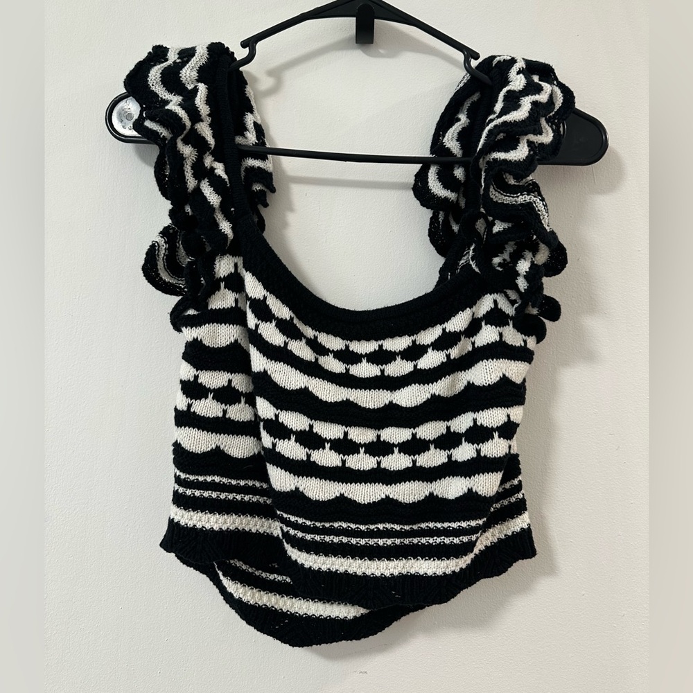 H&M Black and White Striped Ruffle Tank Top
